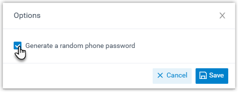 The Options dialog with the random password checkbox selected