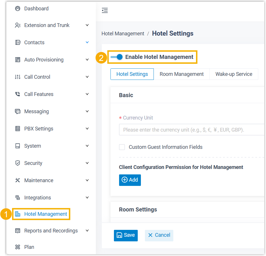 Enabling the hotel module from the Hotel Management page