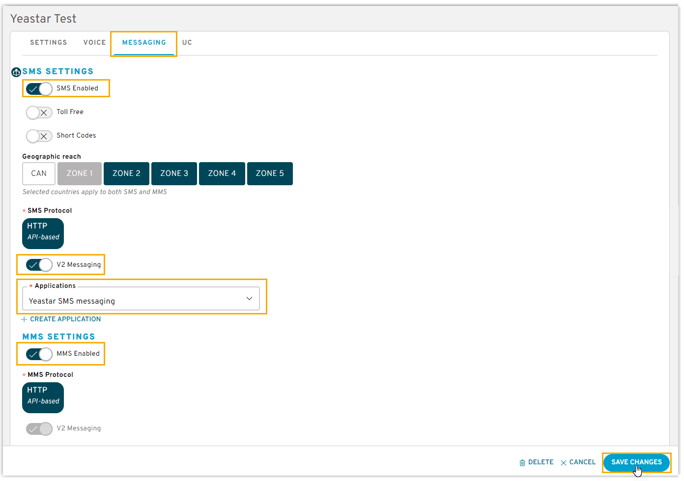 Cloud Voice, enabling HTTP SMS and MMS messaging for the Bandwidth location