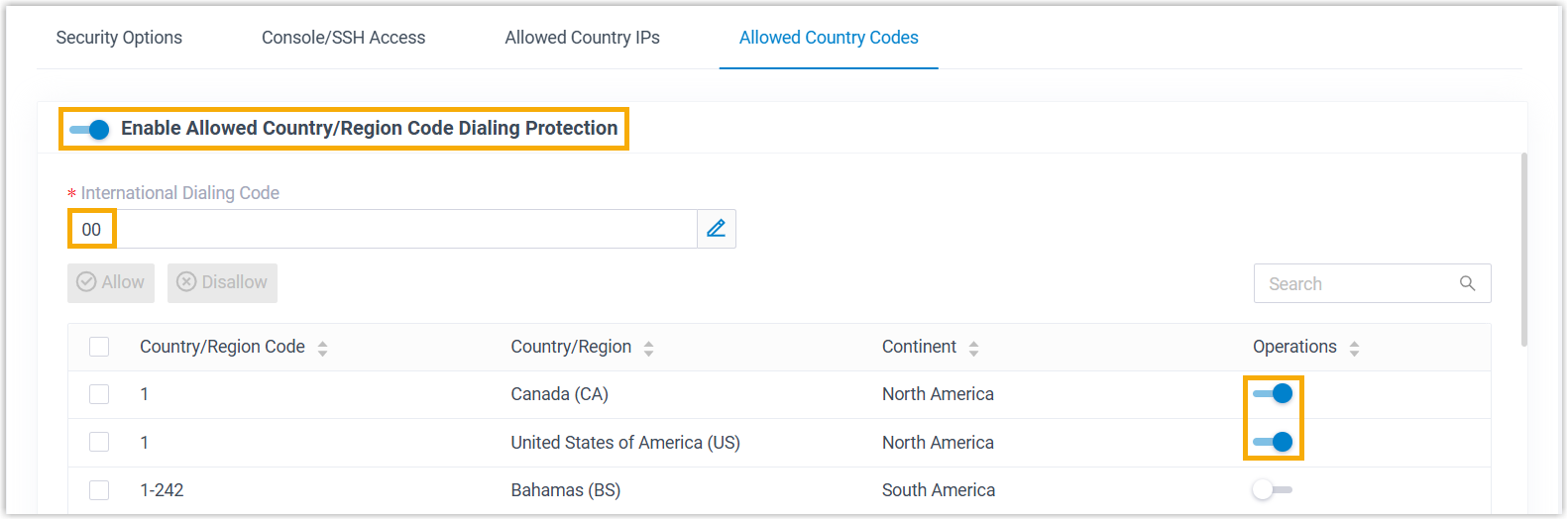 Enabling allowed country and region code dialing protection