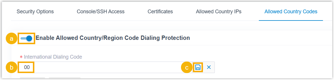 Allowed Country Codes page with dialing protection enabled and the international dialing code set
