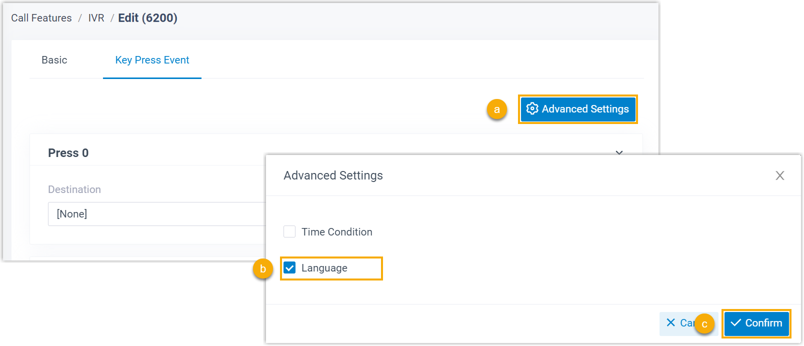 Advanced Settings dialog with the Language option selected to enable per-key language routing