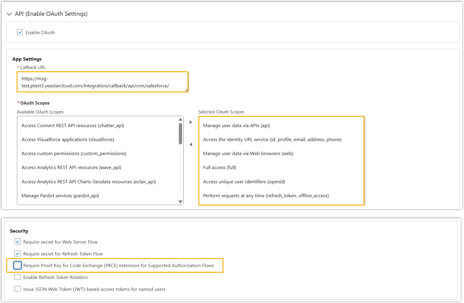 Cloud Voice, the OAuth settings for the external client app