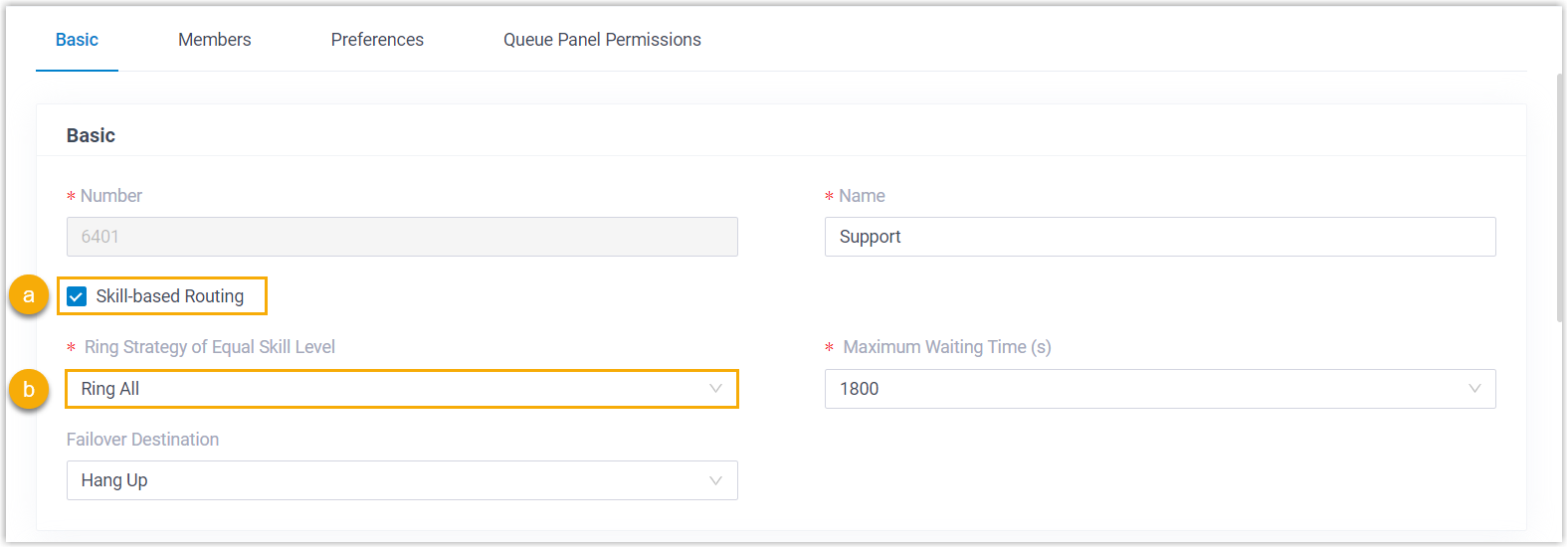 Basic tab of a queue with the skill-based routing option and the equal-skill ring strategy selector