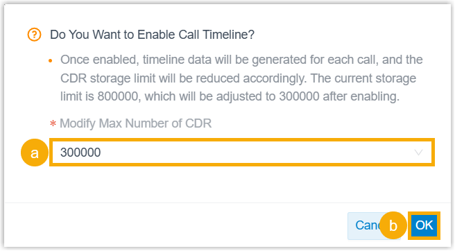 Confirmation dialog for enabling the call timeline