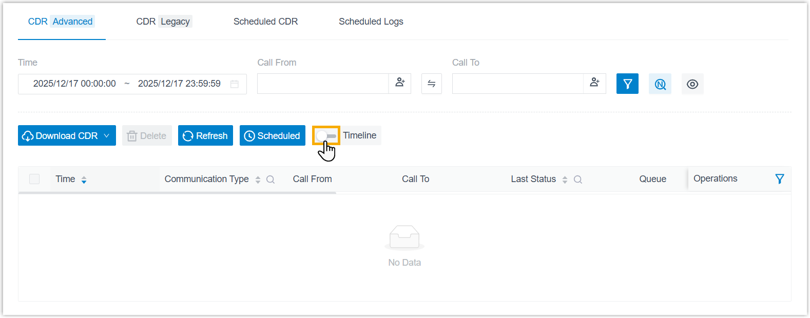 The Timeline switch on the CDR Advanced tab