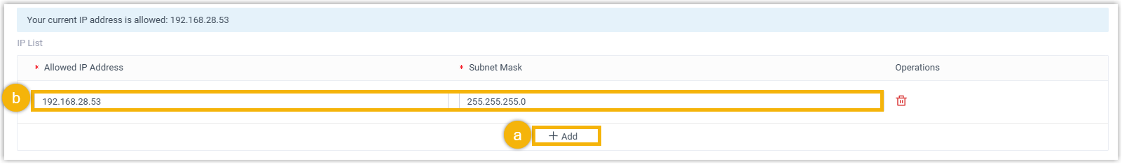Dialog for entering an allowed IP address and its subnet mask