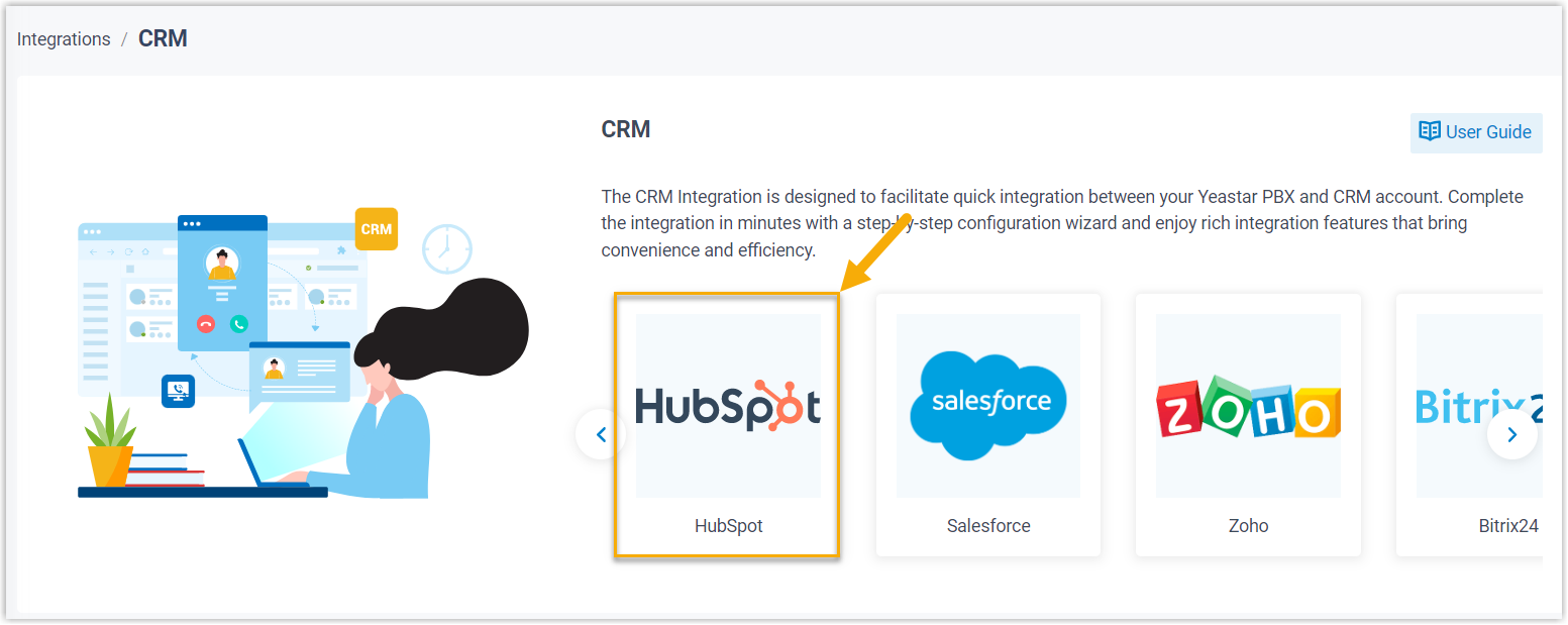 Cloud Voice, the CRM integration list with HubSpot selected