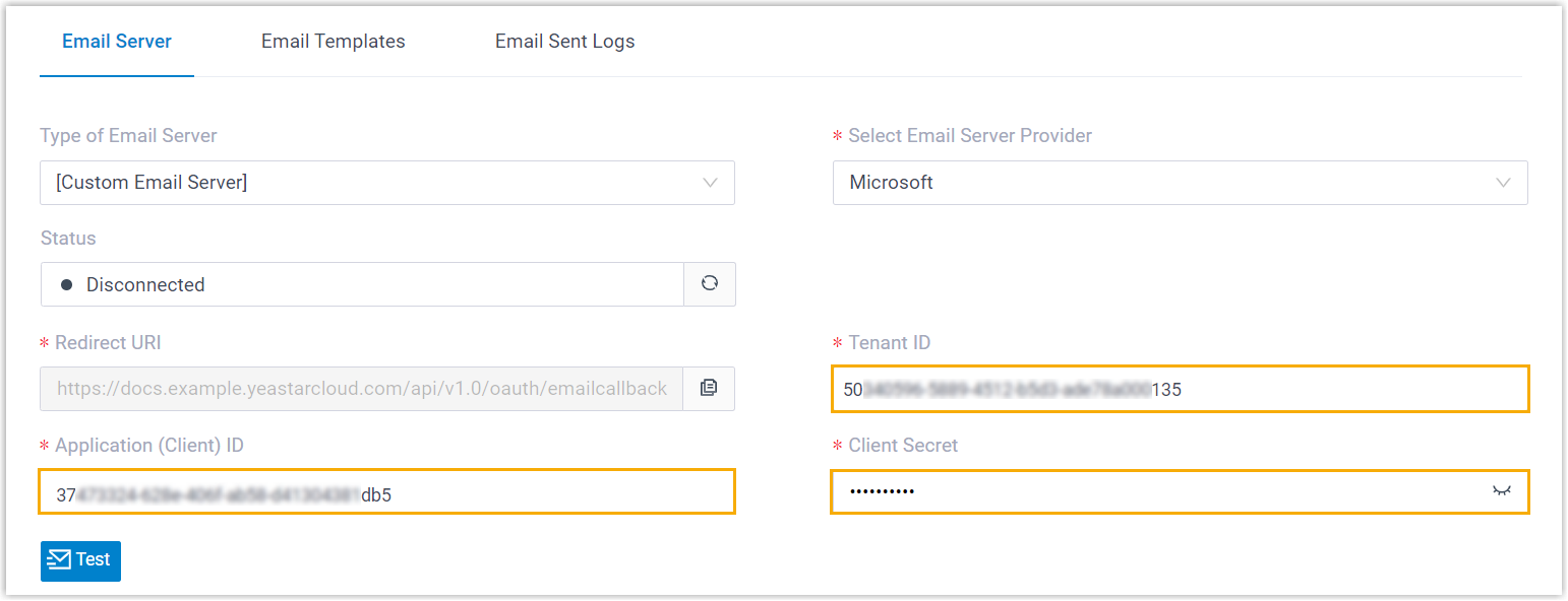 Cloud Voice, the Microsoft email server form with the tenant ID, client ID, and client secret fields