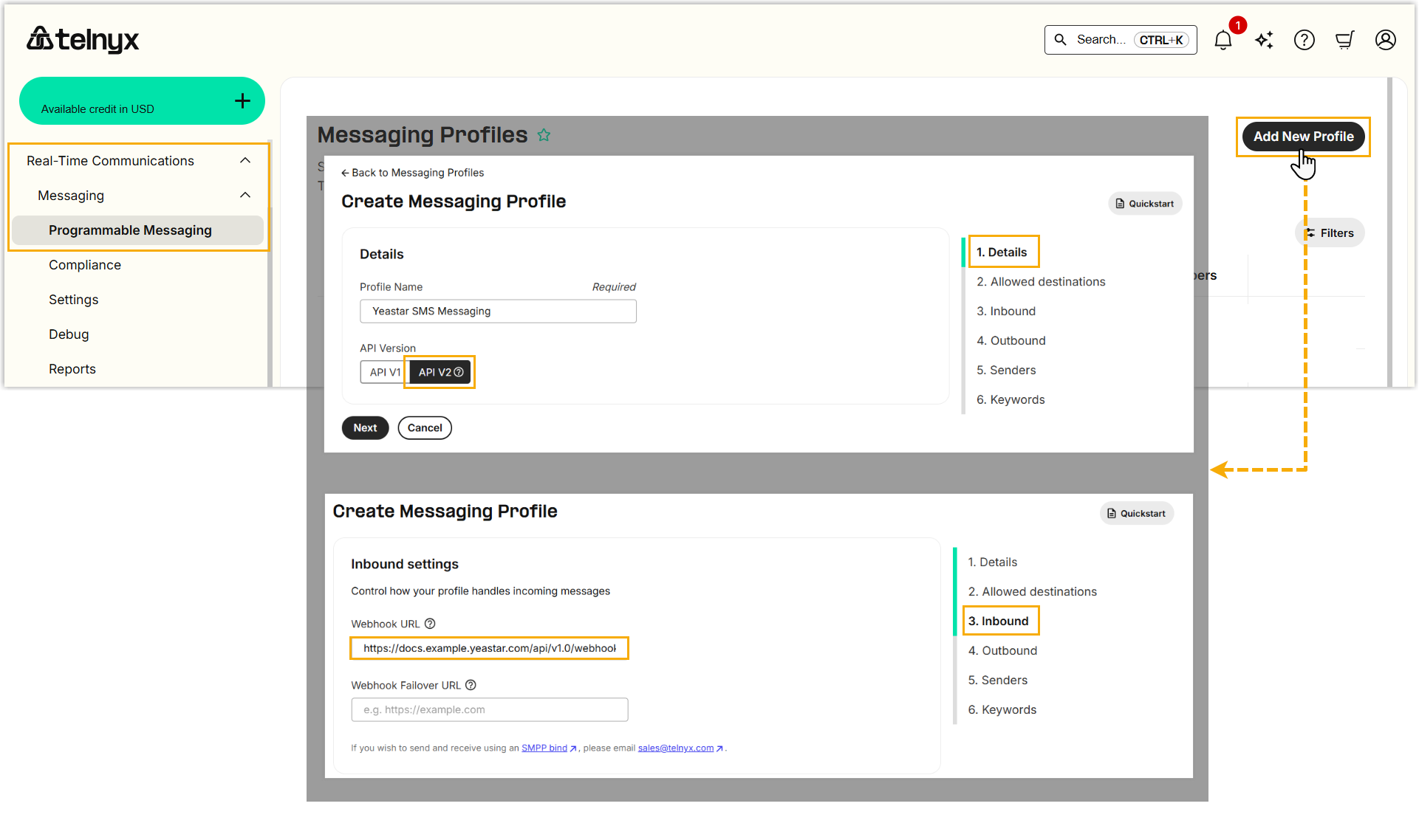 Cloud Voice, Telnyx message profile with the messaging webhook set to your system's URL