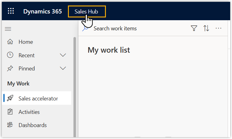 Dynamics 365 header with the app name selected to open the app switcher