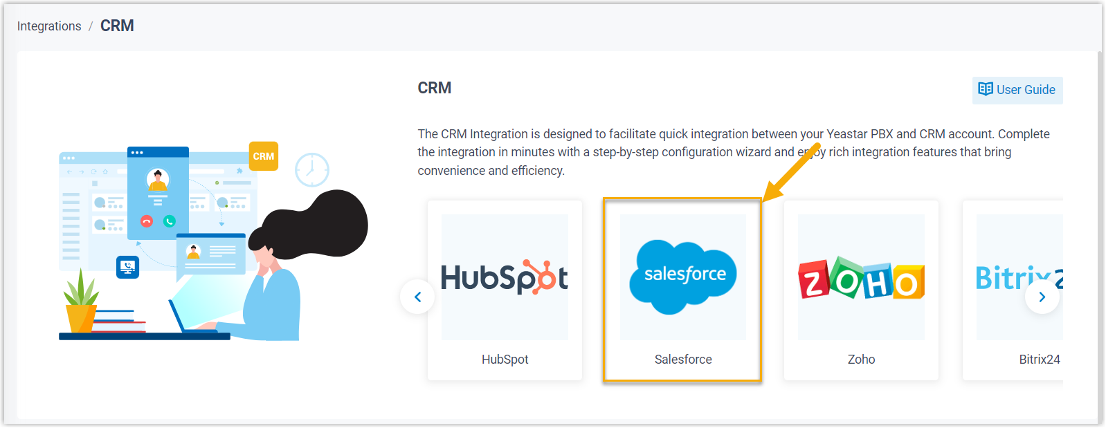 Cloud Voice, the CRM integration page with Salesforce selected