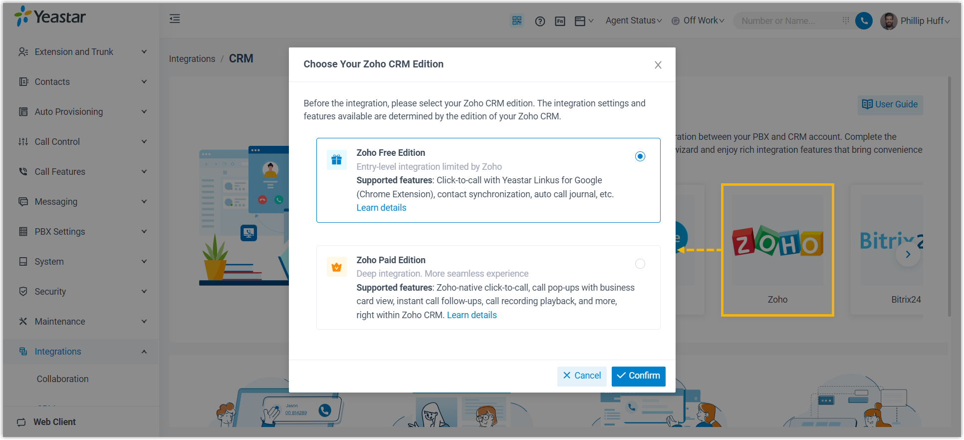 Cloud Voice, selecting Zoho and a CRM edition on the CRM integration page