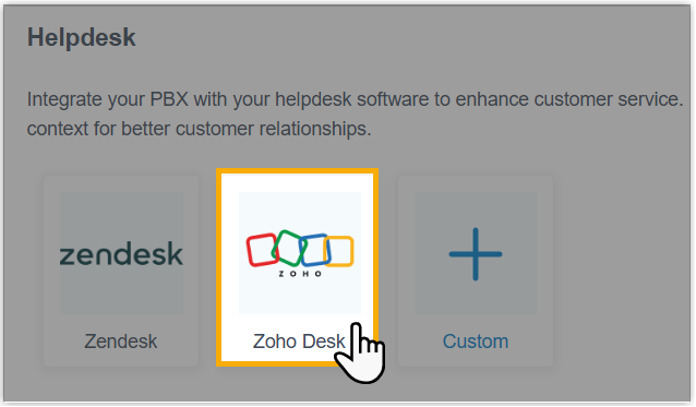Helpdesk integration list with the Integrate button next to Zoho Desk