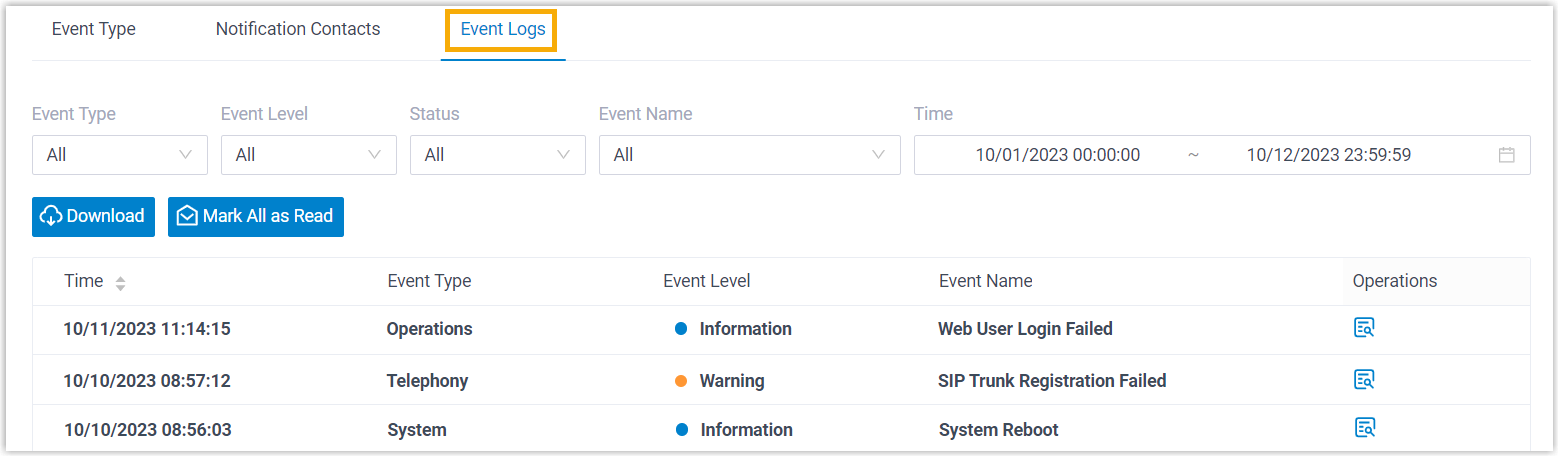 Event Logs page showing a history of recorded system events