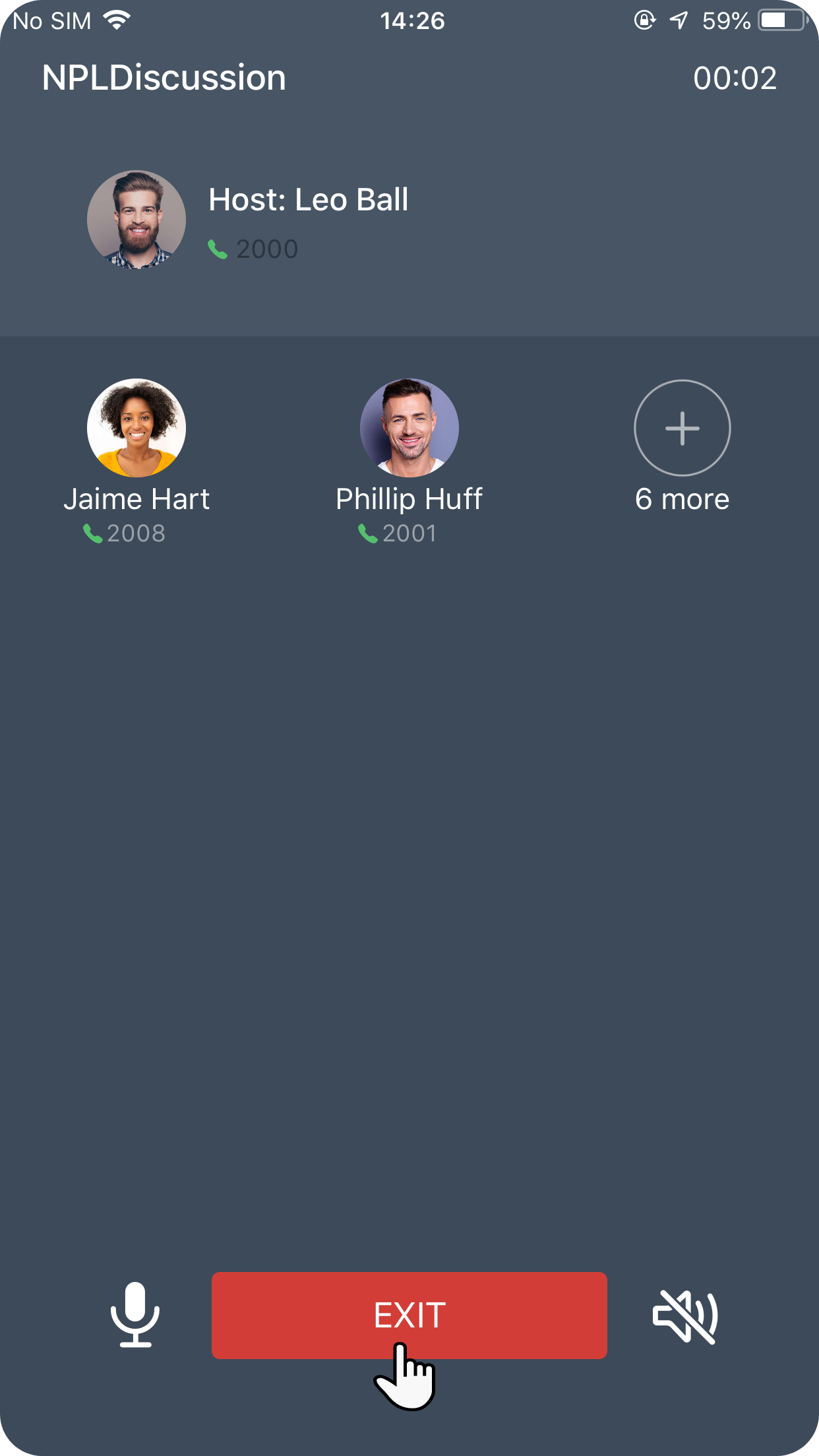 Conference call controls showing the EXIT option on a mobile device