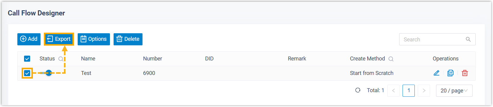 Call Flow Designer list with call flows selected and the Export control highlighted