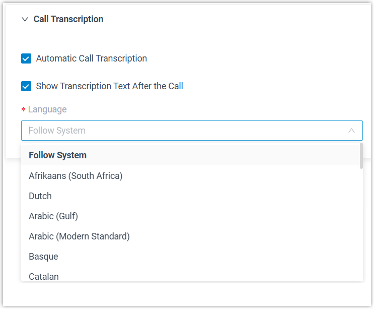 The Call Transcription preferences with toggles for automatic transcription, post-call display, and a language selector