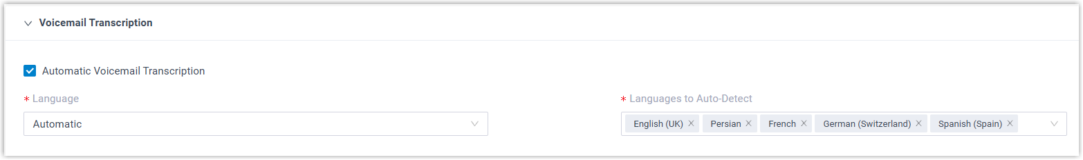 Voicemail Transcription options on an extension's AI tab