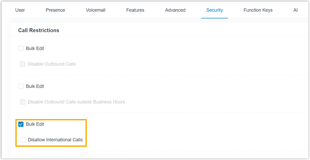 Extension Security tab with the Disallow International Calls option cleared under Call Restrictions
