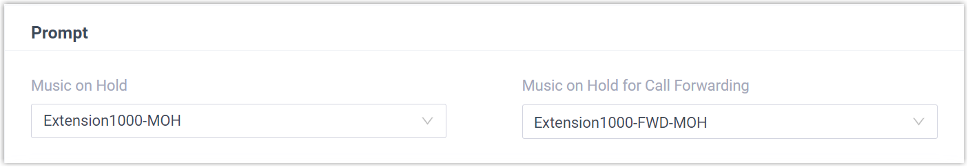 Prompt tab of an extension with the music on hold options expanded
