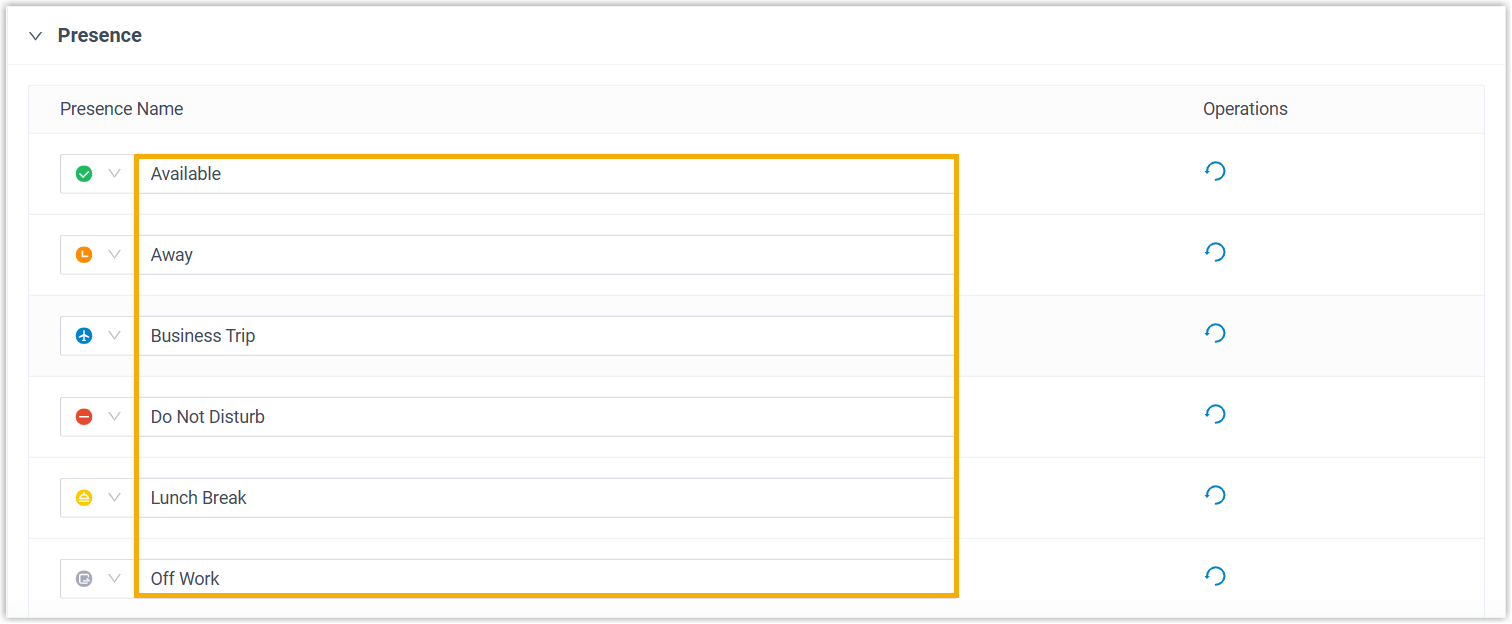 Presence status options listed under PBX Settings, Preferences