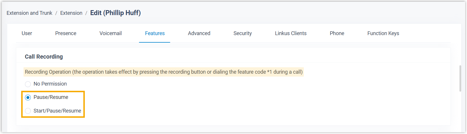 Cloud Voice, call recording permission on an extension's Features tab