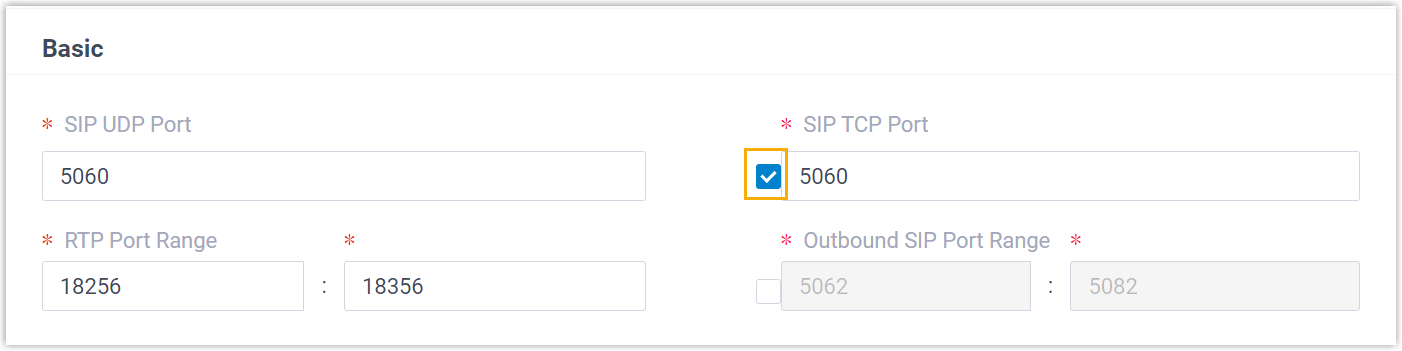 The Basic SIP settings page with the TCP port option enabled