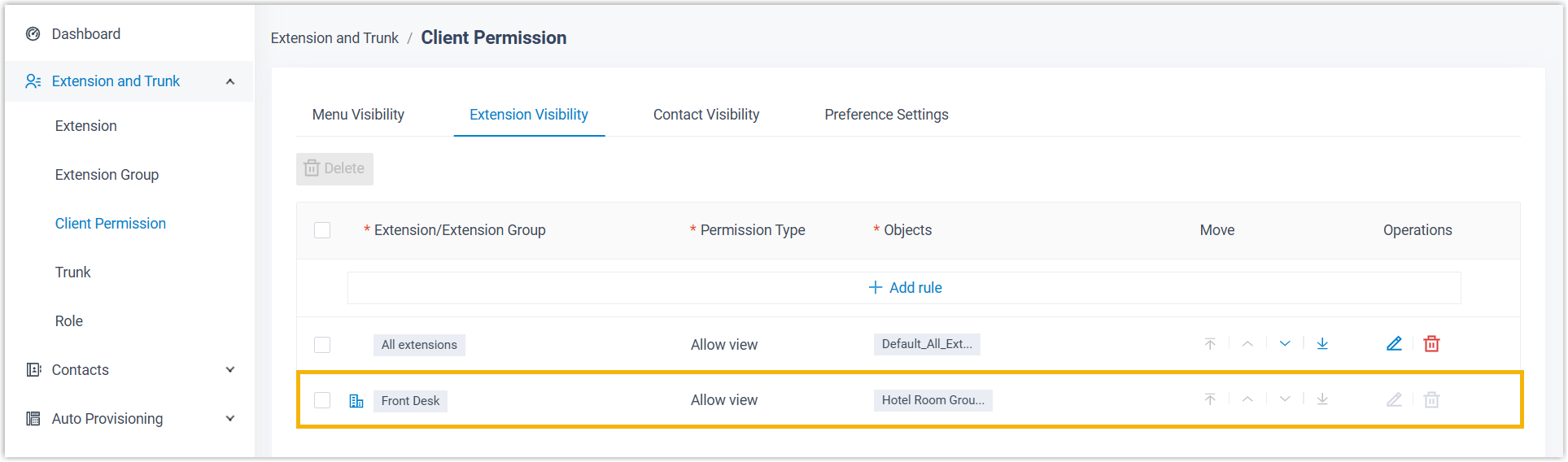 Extension visibility rule automatically created for the authorized extensions