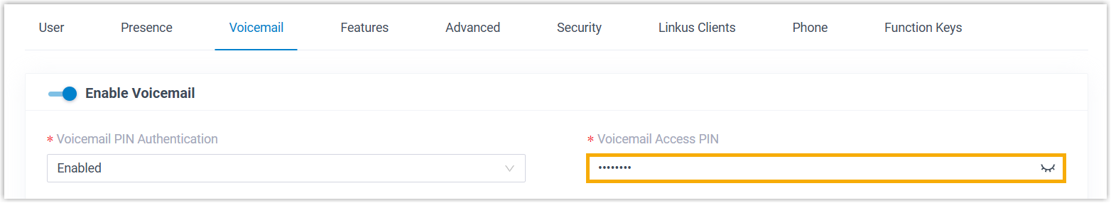 Cloud Voice, the voicemail access PIN field on an extension