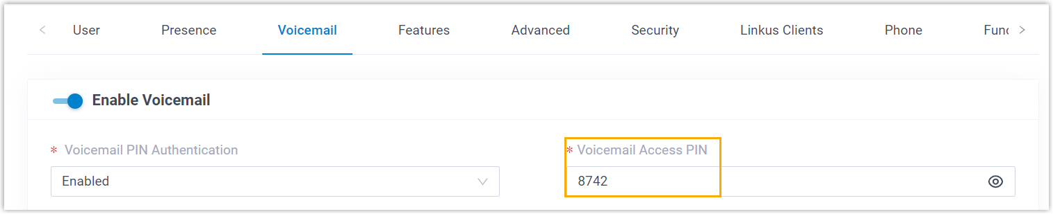 Cloud Voice, Voicemail tab showing the extension's Voicemail Access PIN