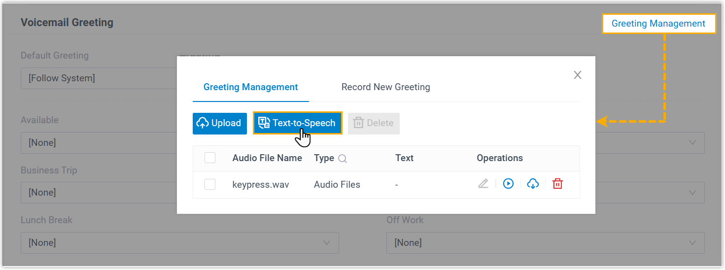 The voicemail greeting field with a Text-to-Speech option