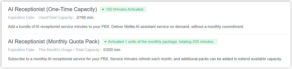 Add-on subscription options for extending AI receptionist minutes