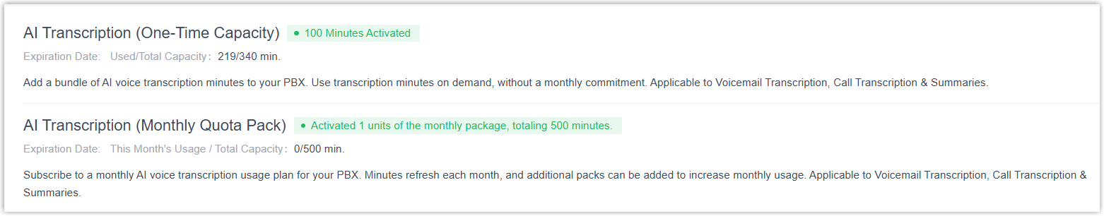 Add-on services for extending AI transcription minutes