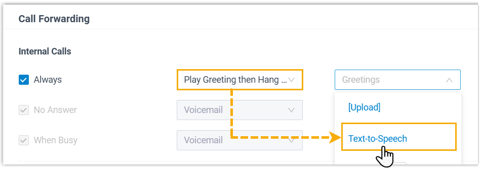 The call forwarding greeting field with a Text-to-Speech option