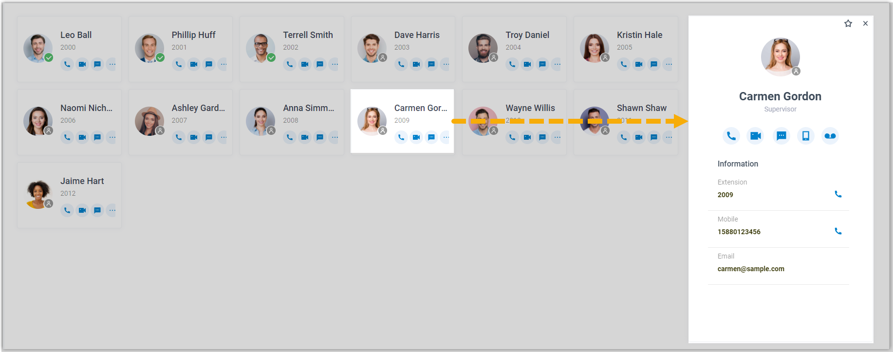 Expanded contact card showing a coworker's extension details