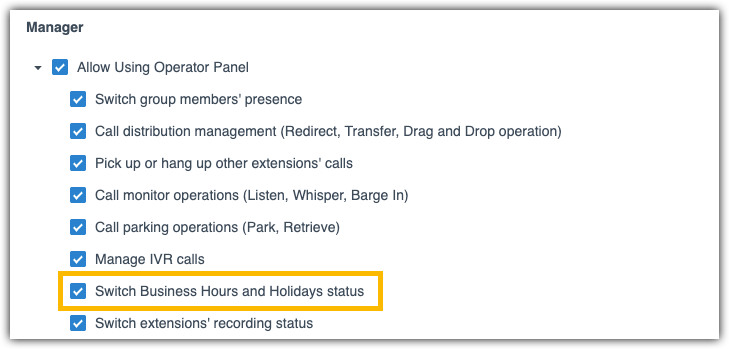 Permission Configuration section with the Switch Business Hours and Holidays status option selected