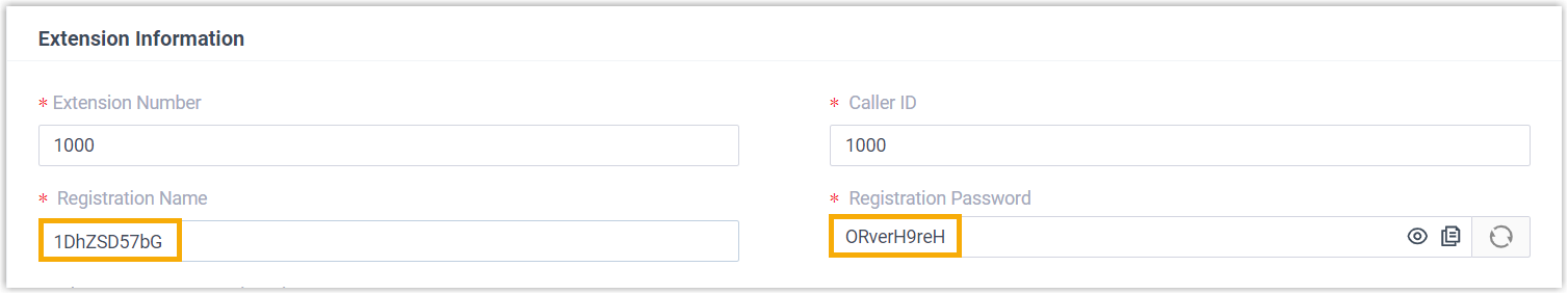 The extension information fields for registration name and password