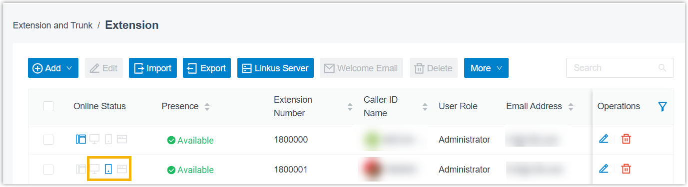 Cloud Voice, extension list showing an active app session in the Online Status column