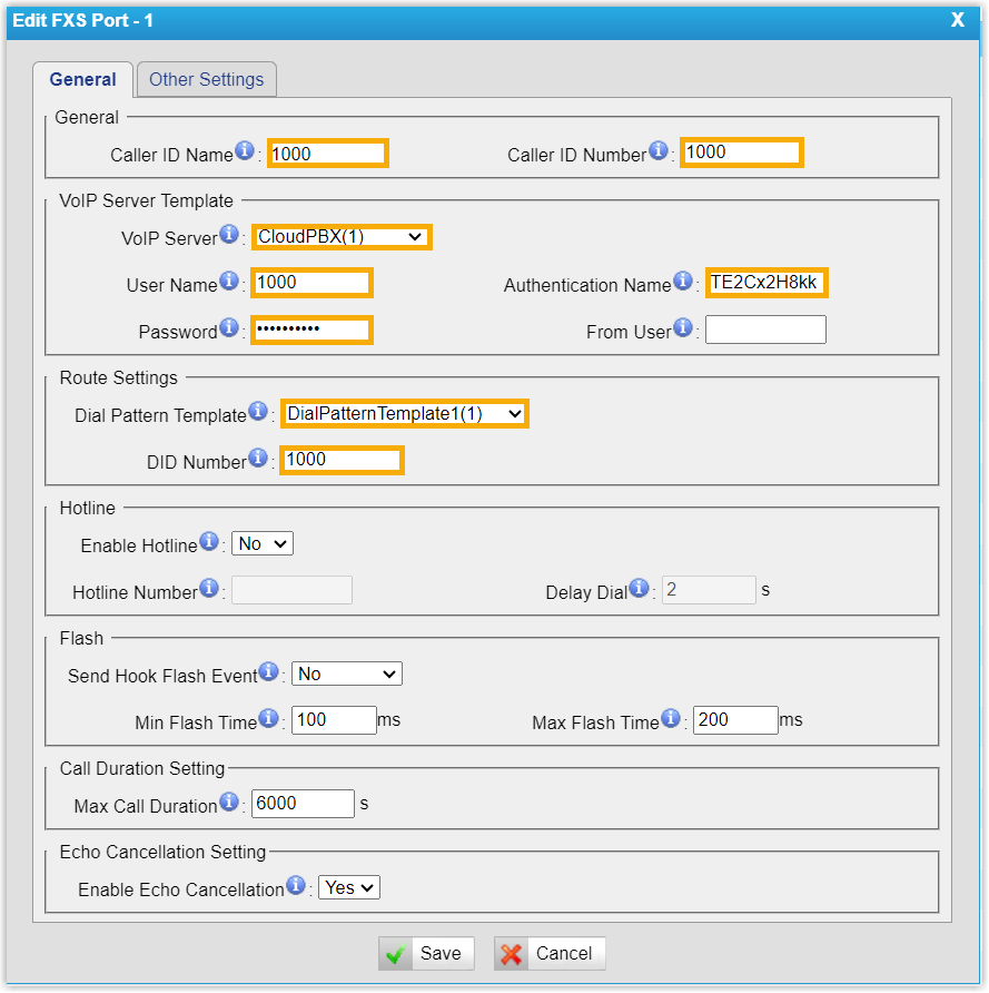 FXS port registration settings on the gateway mapped to a PBX extension