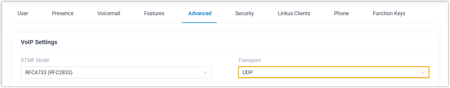 Cloud Voice, the Transport field on the VoIP Settings tab set to UDP