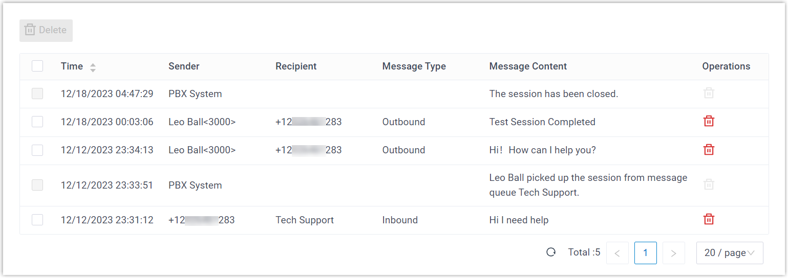 The detailed message history for a session