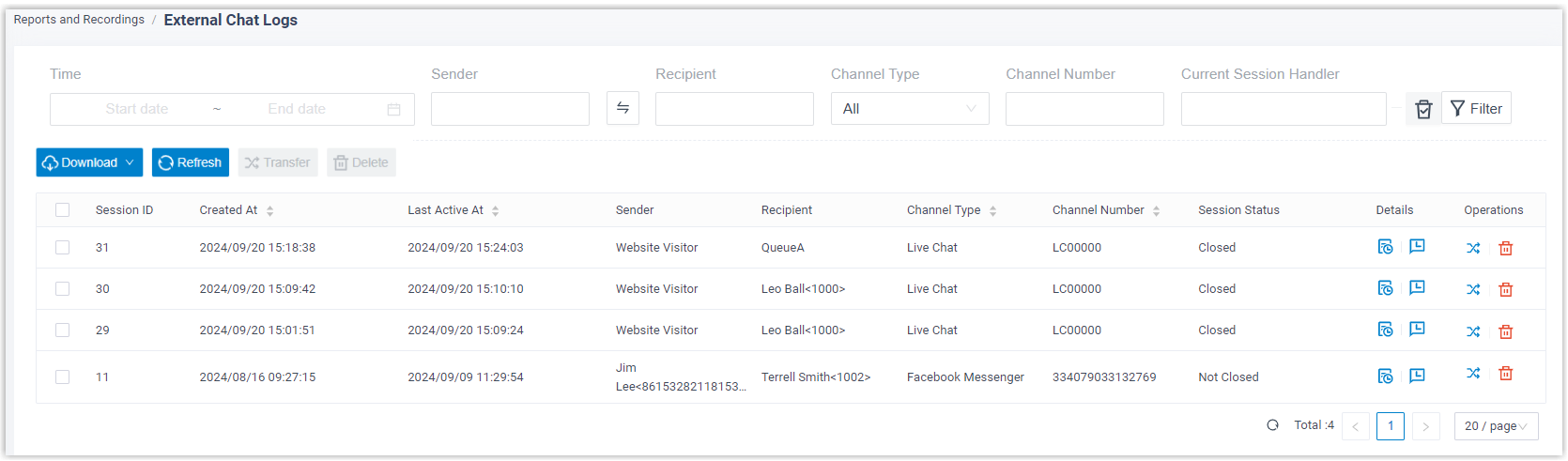 The External Chat Logs page listing messaging sessions