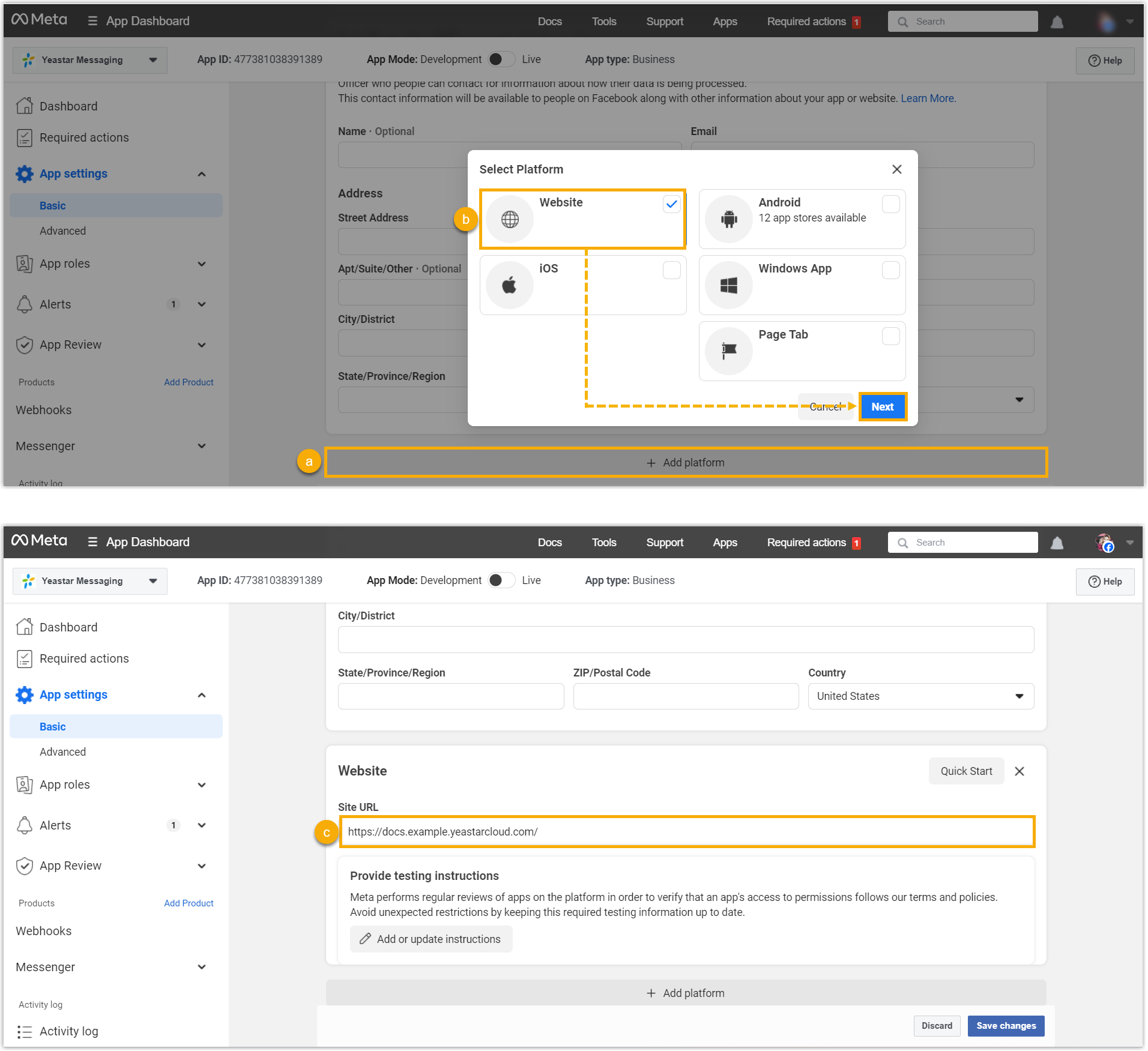 Cloud Voice, adding a website platform with the PBX domain in the Site URL field