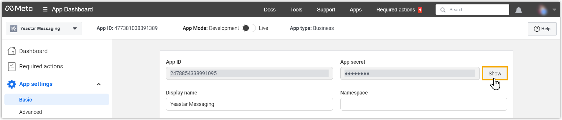 Cloud Voice, App secret field with the Show control