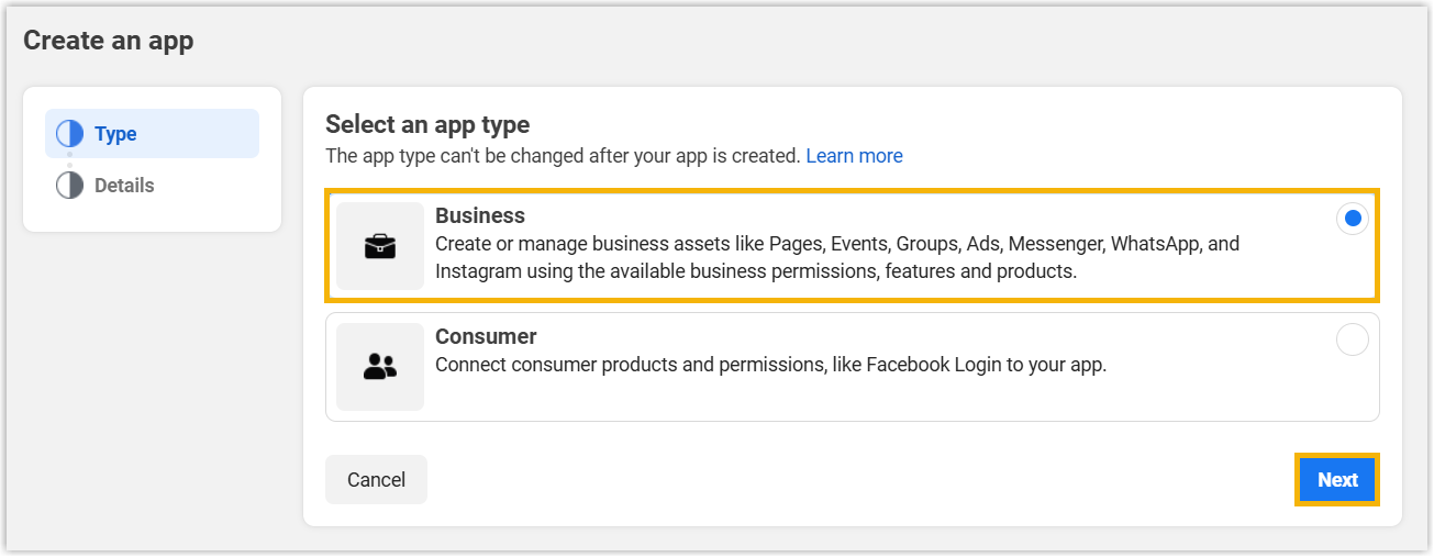 App type selection showing the Business option