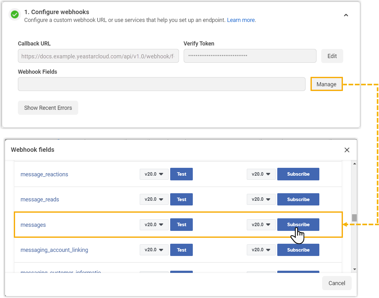 Cloud Voice, webhook field subscription showing the messages event