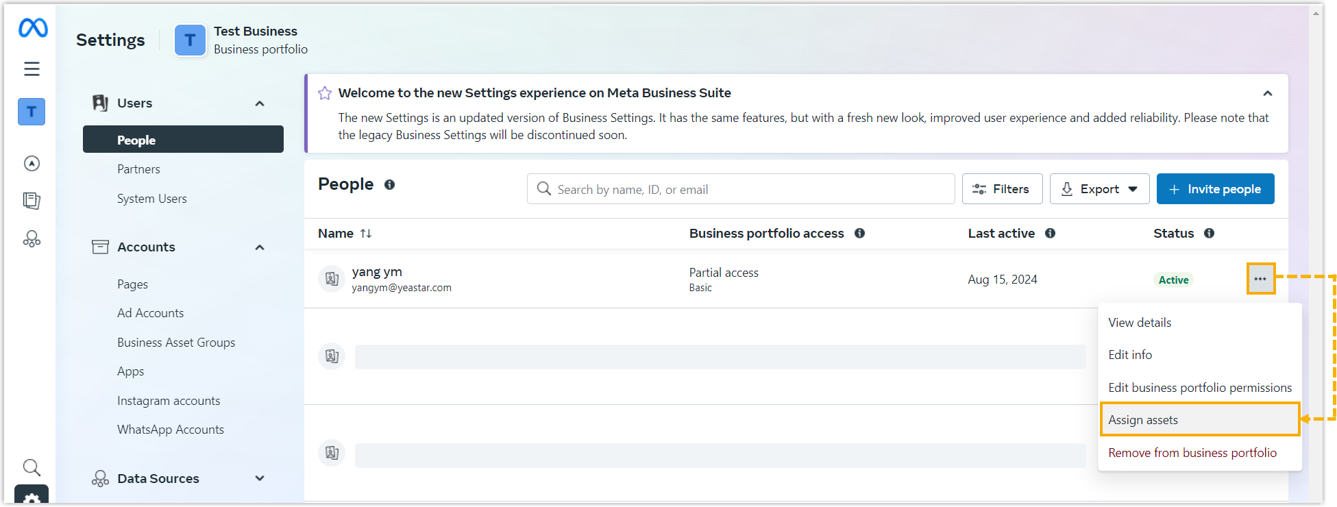 Cloud Voice, the Assign assets option in the user's action menu