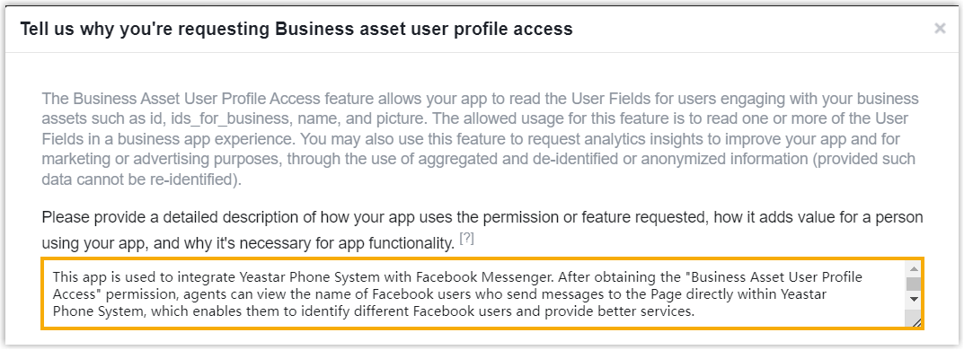 Cloud Voice, the Business Asset User Profile Access description filled in