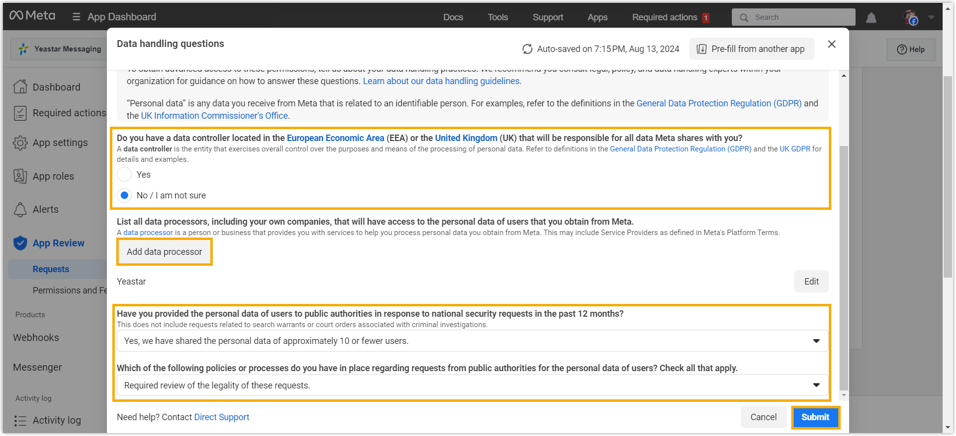 Cloud Voice, the data handling questionnaire ready to submit